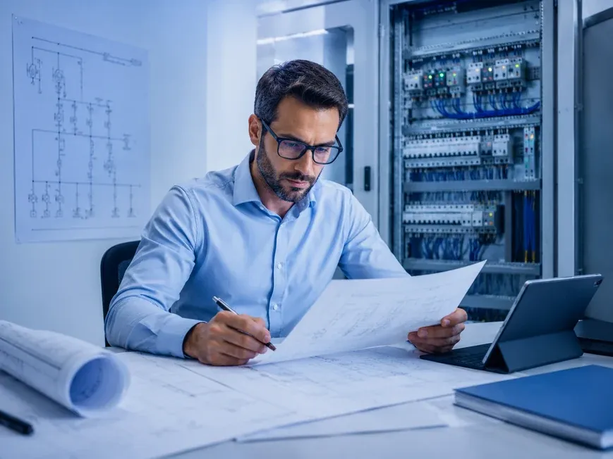 Ingeniero revisando planos y diagramas unifilares frente a un tablero