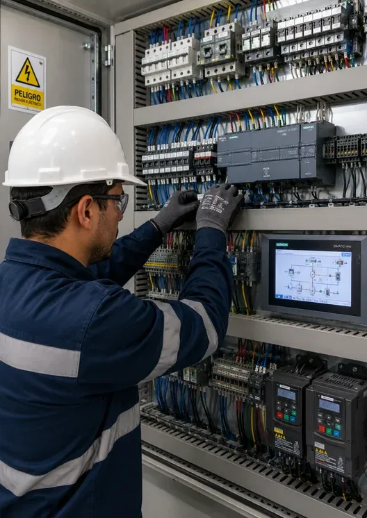Técnico interviniendo un tablero de control y automatización