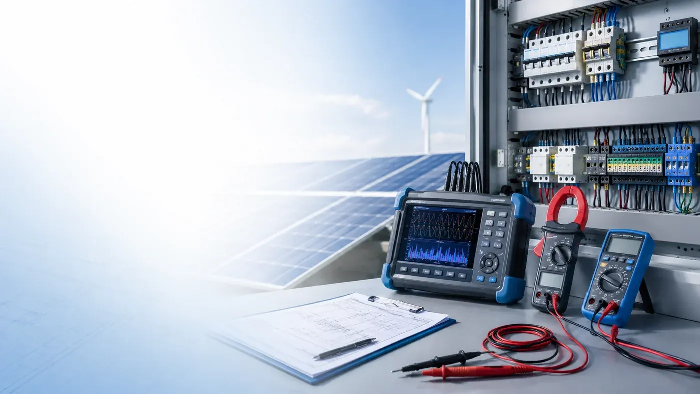 Instrumentos de medición eléctrica junto a paneles solares y un aerogenerador