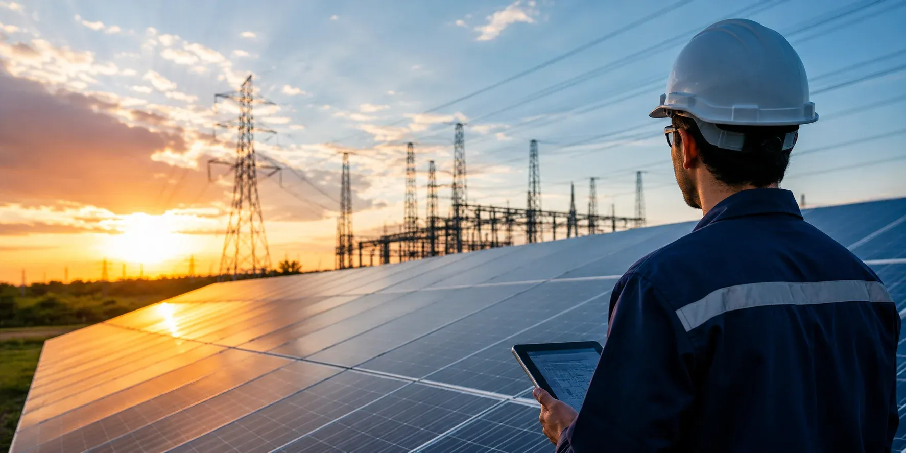 Subestación eléctrica y planta solar al atardecer con un ingeniero en campo