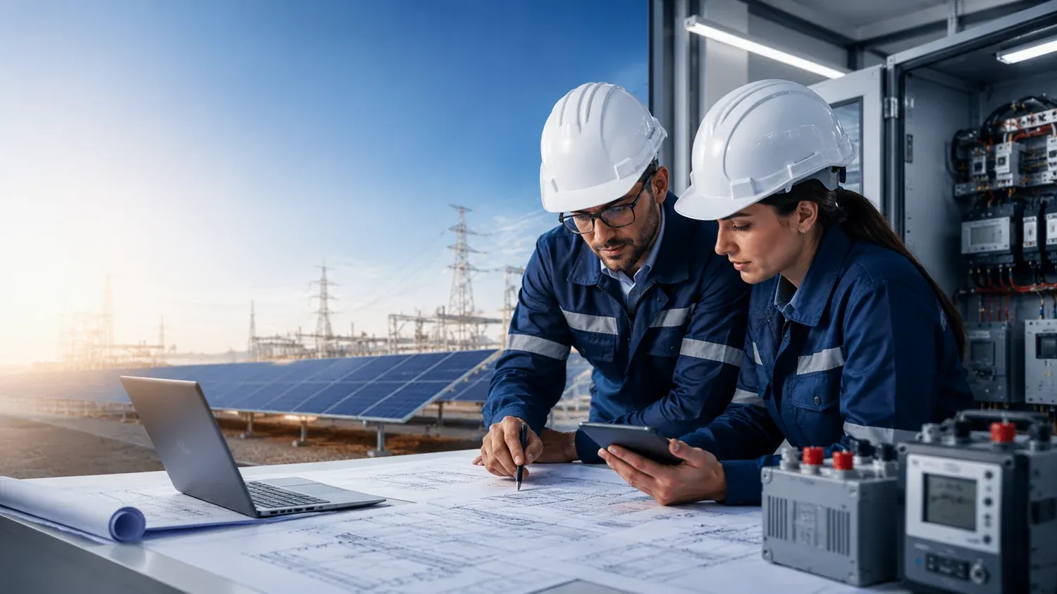 Equipo de ingeniería revisando planos junto a un tablero eléctrico